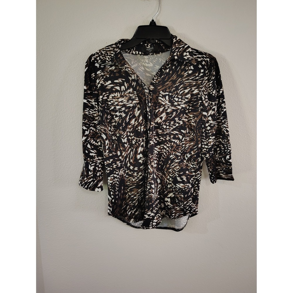 Verve Ami Womens Abstract Animal Print Button Down Blouse 3/4 Sleeve Brown Small